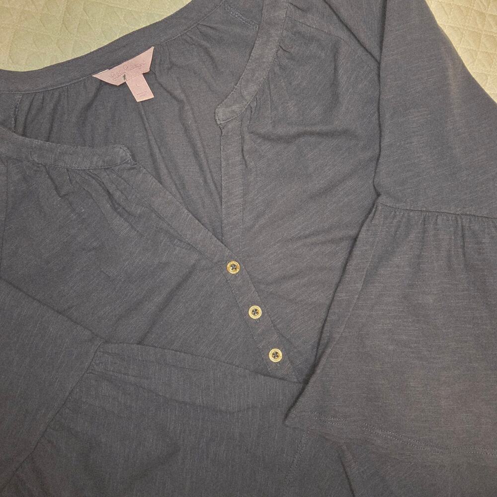 Lilly Pulitzer Teigen Tunic Top Womens L Navy Bell Sleeves Cotton Travel Cruise